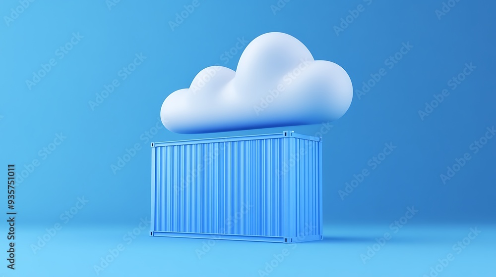 Poster a blue shipping container with a white cloud icon in a minimalist style, symbolizing cloud computing
