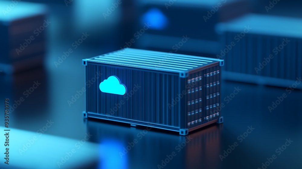 Poster a close-up of a futuristic blue shipping container with a cloud icon, symbolizing cloud computing an