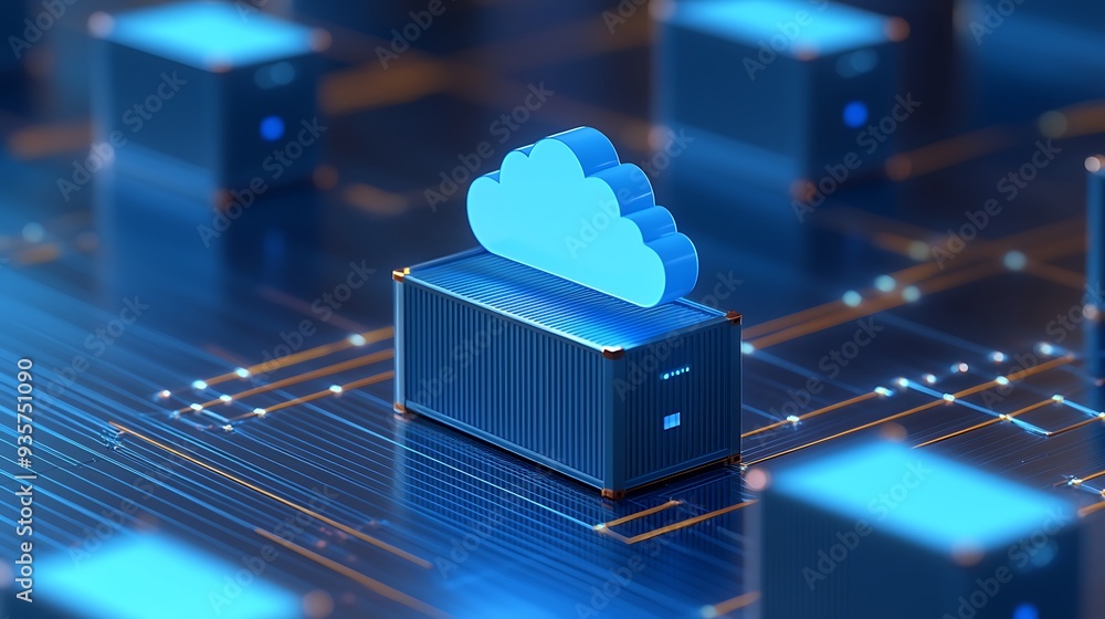 Poster a close-up of server technology with a digital cloud icon, representing cloud computing and data sto