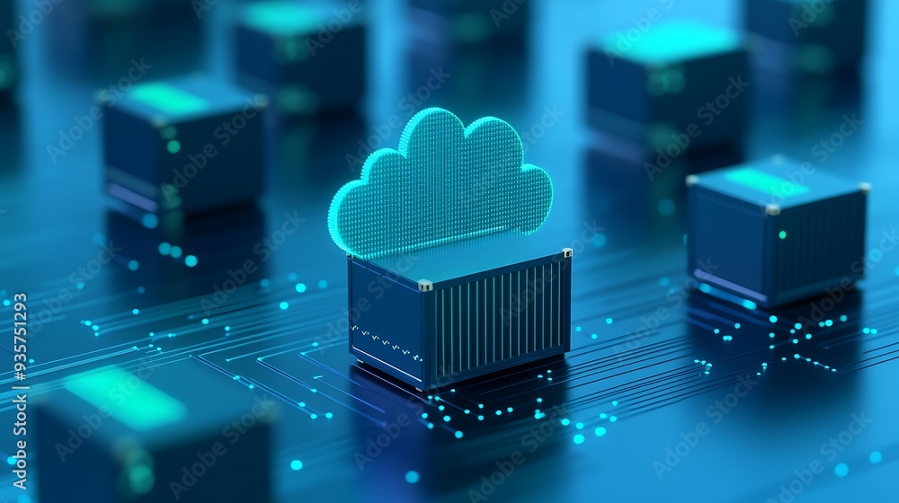 Poster a concept image depicting cloud computing technology with digital servers and glowing cloud icons on