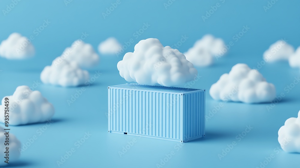Poster a creative image of a blue shipping container surrounded by fluffy white clouds, symbolizing cloud c