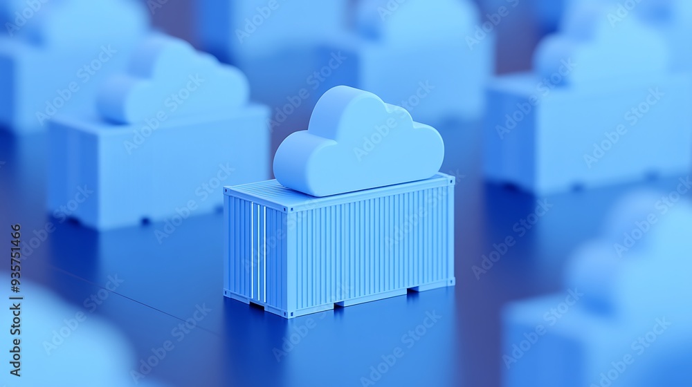 Poster a conceptual image showcasing cloud computing technology with cloud symbols above containers, emphas