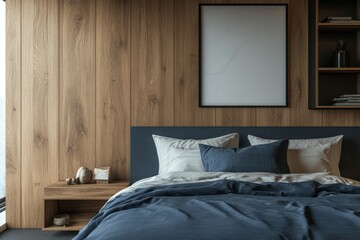 Mockup of a modern home bedroom with bed and shelf.