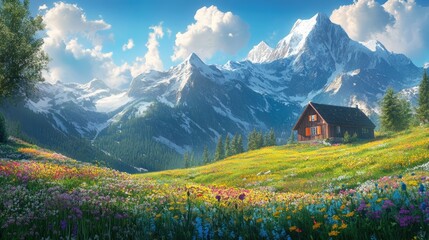 Fototapeta premium A peaceful mountain scene with a house surrounded by flowering meadows and towering peaks