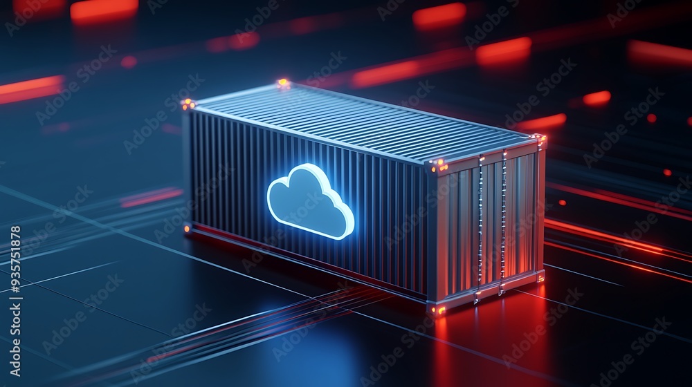 Poster a digital representation of a shipping container with a cloud icon, symbolizing cloud computing, dat
