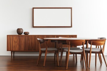 A mockup frame of a stylish living room interior with dining table and drawers
