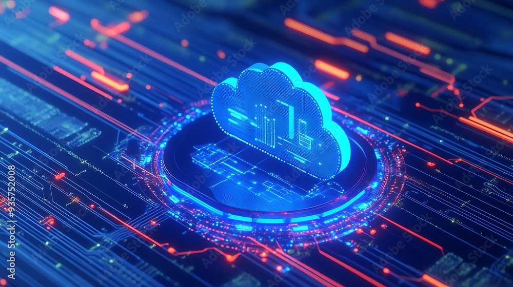 Poster a digital representation of cloud computing technology with futuristic glowing elements and circuit 