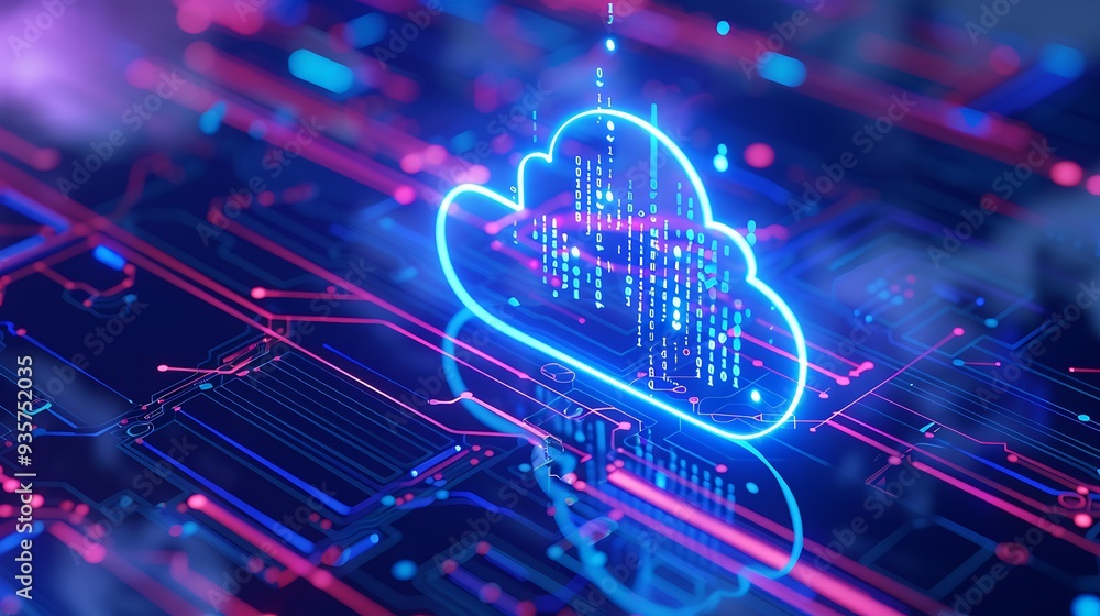 Poster a digital representation of cloud computing technology with neon lights and circuit board elements i