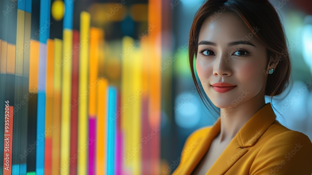 Canvas Prints Smiling woman in yellow blazer standing against a colorful wall.