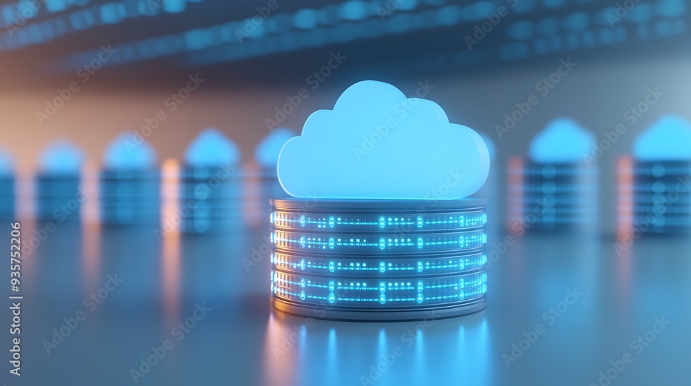 Poster a futuristic depiction of cloud computing technology, with glowing data servers and cloud icon symbo