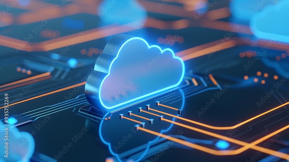 Poster a futuristic depiction of cloud computing technology represented by a glowing cloud icon on a digita
