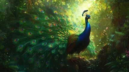 Obraz premium A peacock displaying its vibrant feathers in a lush green forest the colors shimmering in the light