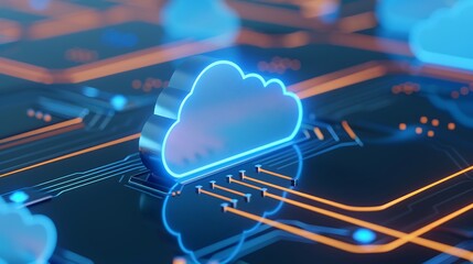 A futuristic depiction of cloud computing technology represented by a glowing cloud icon on a digital circuit board.