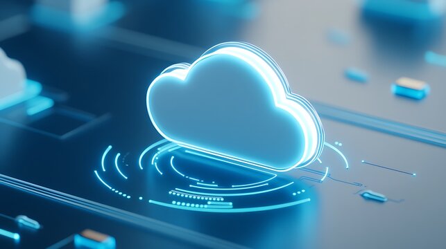 A futuristic digital cloud icon on a computer board representing cloud computing technology and data storage solutions.