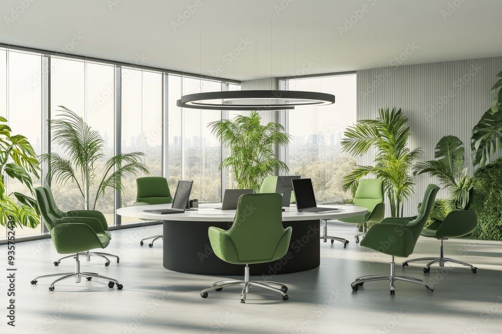 Poster the interior of a white office workspace features a computer desk with a panoramic window in the bac