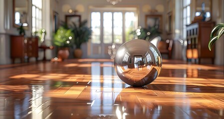 A close-up of a polished wooden table with a reflective 3D sphere resting on its surface