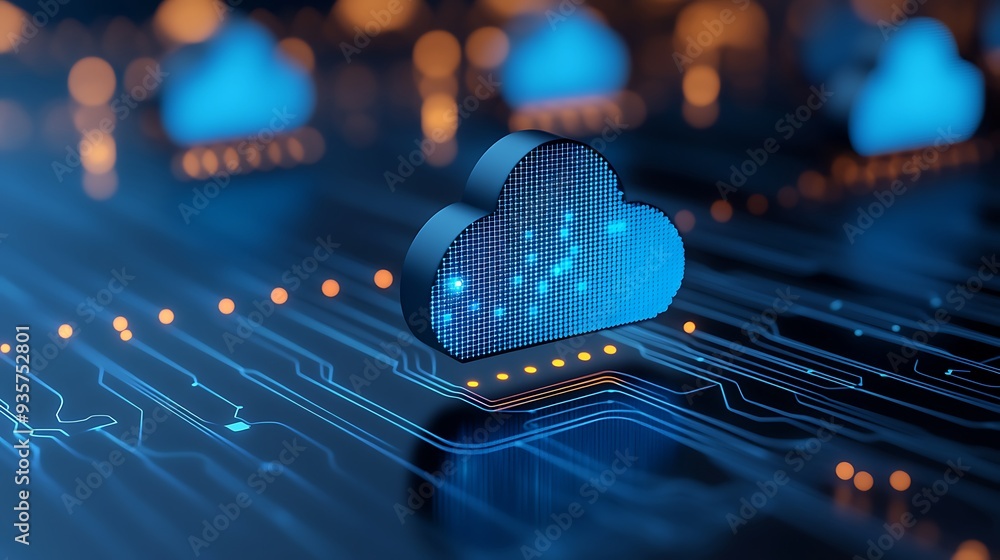 Poster a glowing cloud icon on a microchip circuit board, representing cloud computing, data storage, and d