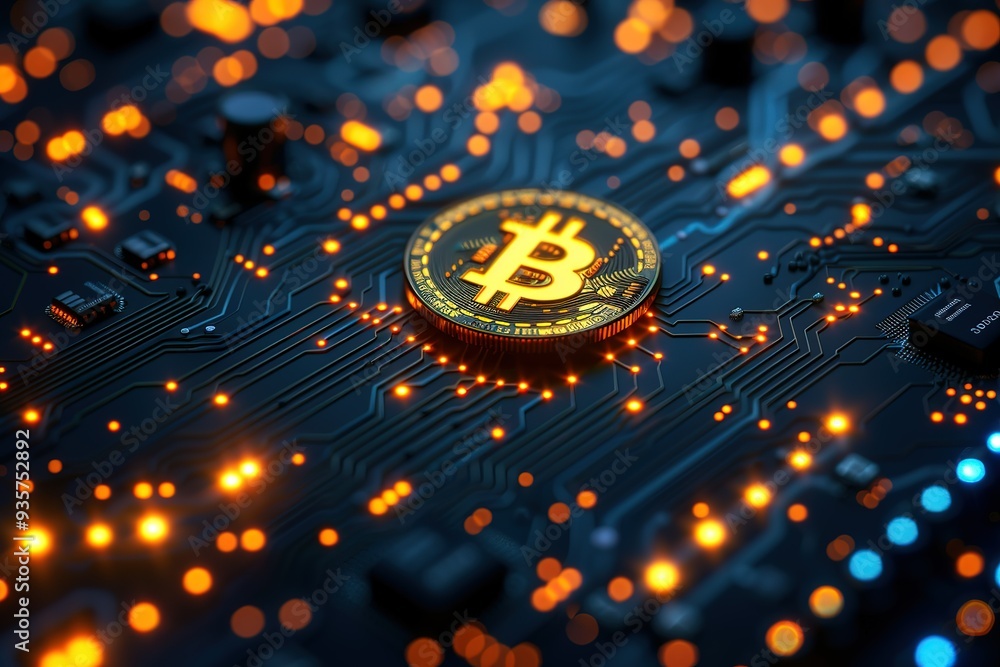 Poster a computer chip with a yellow coin on it