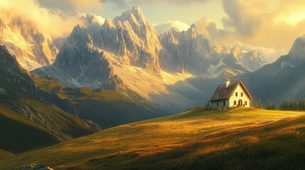 A picturesque house standing alone in a vast mountain landscape, with the peaks bathed in golden light