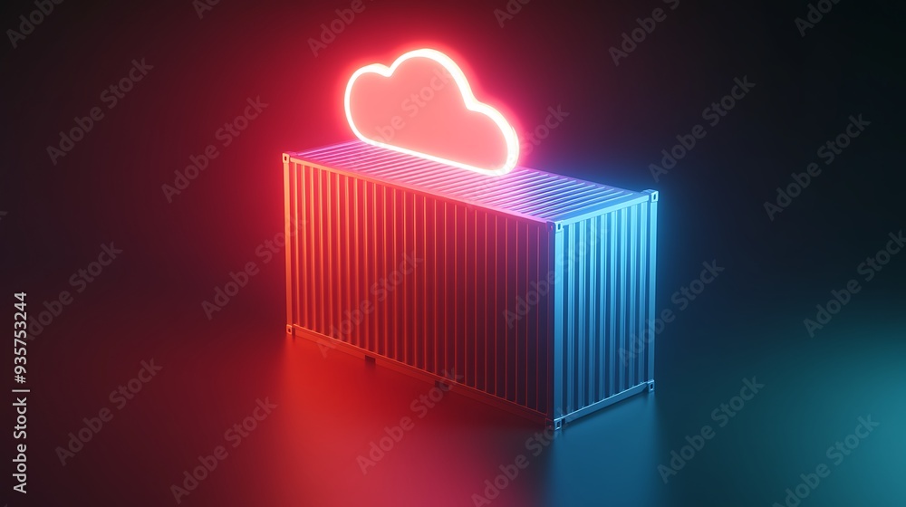 Poster a glowing neon cloud icon on a shipping container, symbolizing cloud computing, digital storage, and