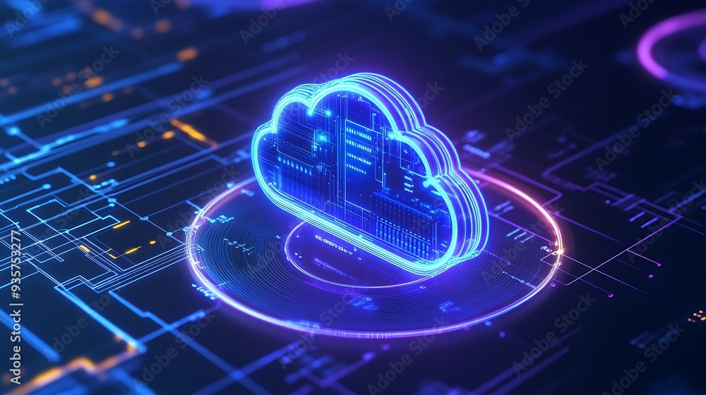 Poster a glowing neon cloud icon on a futuristic digital background representing cloud computing and techno