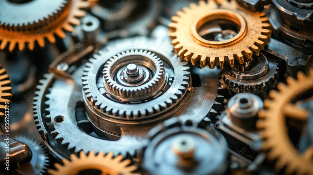 Poster close view of complex metallic gears mechanism working together
