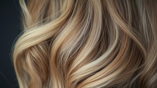 Soft, flowing blonde hair features natural waves and highlights against a dark background.