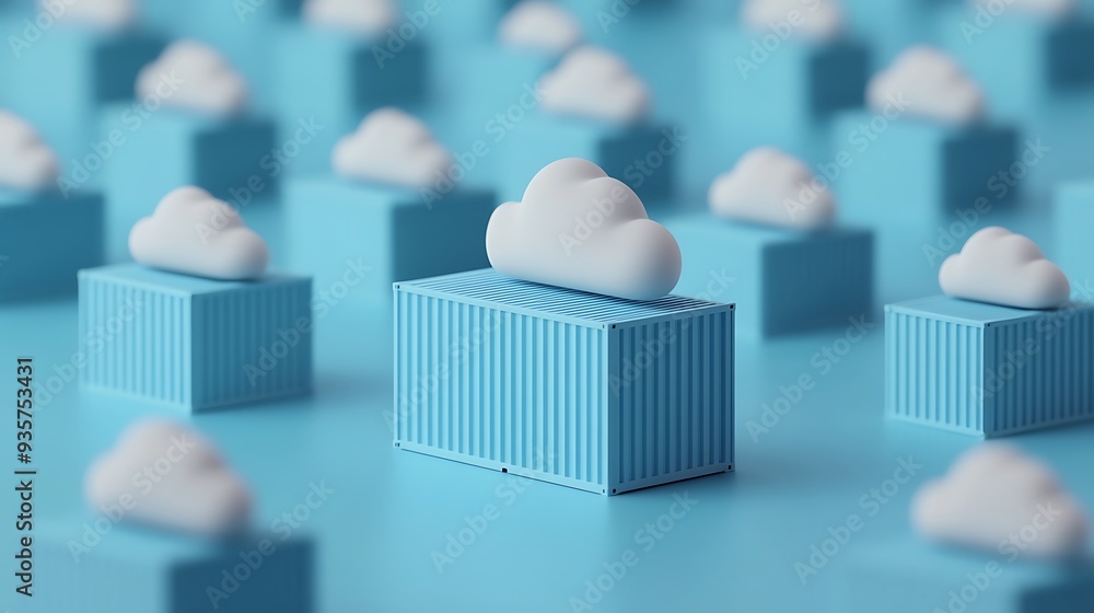 Poster a pattern of blue shipping containers topped with white clouds on a light blue surface, symbolizing 