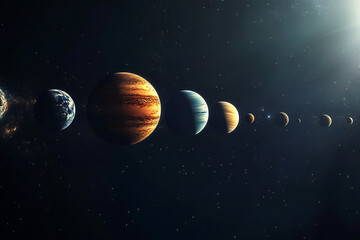 planets of the solar system in space, realistic side view