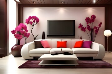 modern tv lounge in which beautiful flowers
