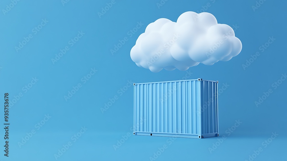 Poster a single shipping container with a floating cloud above it against a blue background, symbolizing cl