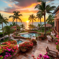 Fototapeta premium pool with trees and flowers