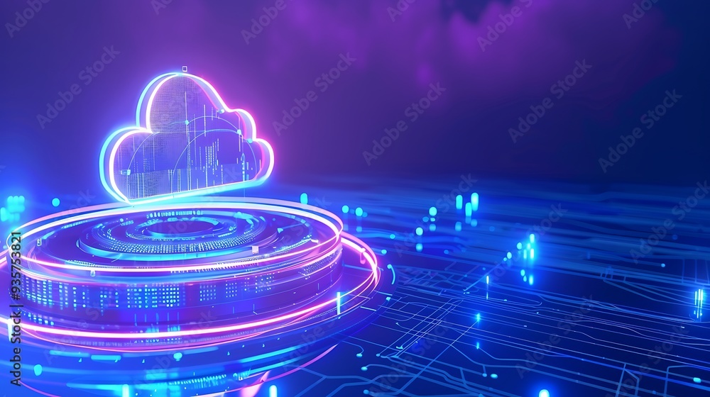 Poster a vibrant neon cloud symbolizing modern digital technology and cloud computing in a futuristic virtu