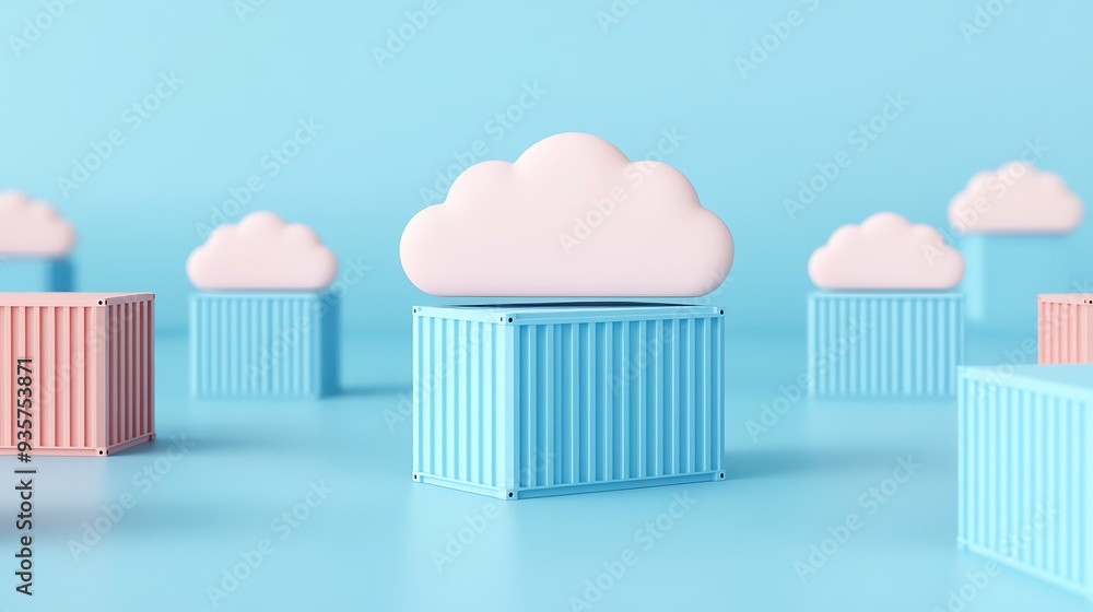 Aufkleber abstract 3d illustration of cloud computing with pastel-colored containers on a blue background, sym