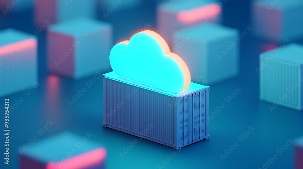Poster abstract cloud computing concept with glowing blue cloud symbol and storage container in blurred neo