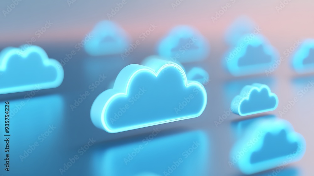 Poster abstract blue cloud icons representing cloud computing, data storage, and digital technology on a re