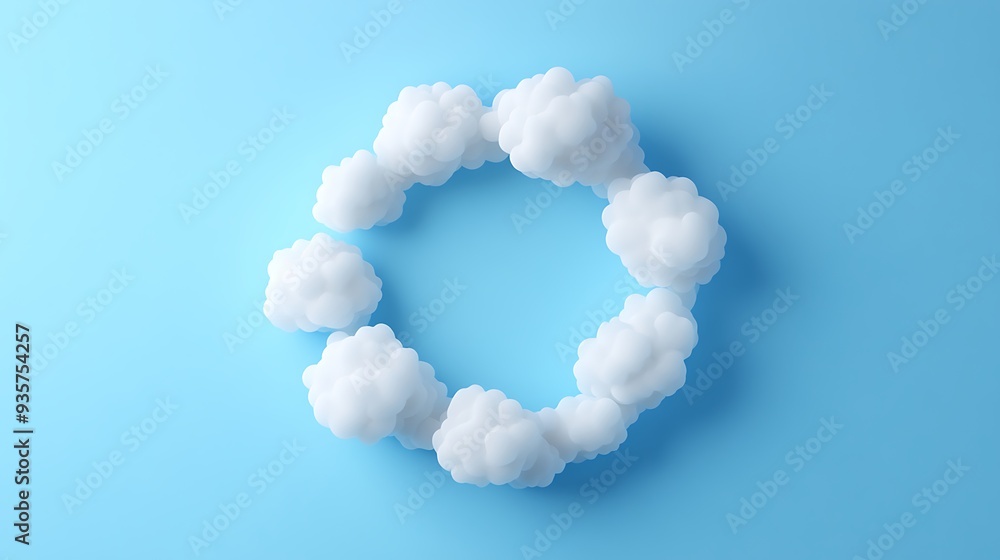 Poster abstract cloud formation arranged in a circular pattern on a blue background, creating a serene and 