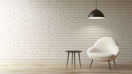 The living room showcases a decorative brick wall with a stylish armchair and a round coffee table set on a white floor, embodying a minimalist aesthetic