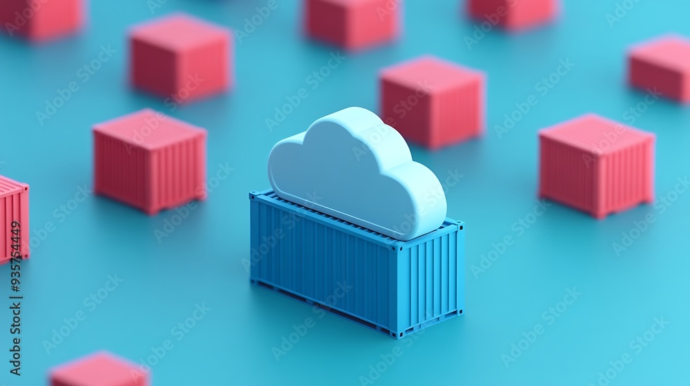 Poster abstract concept of cloud computing represented by a blue shipping container and cloud surrounded by