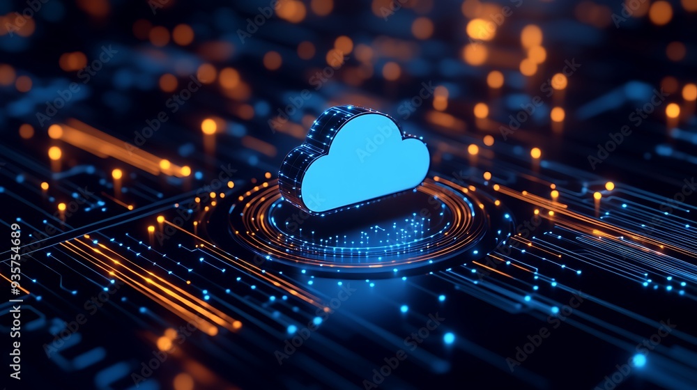 Aufkleber abstract digital blue cloud icon on circuit board with glowing lights representing digital data and 