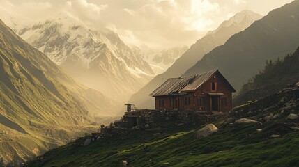 Obraz premium A remote house in a South Asian mountain valley, with the mountains towering above and soft light creating a peaceful atmosphere.
