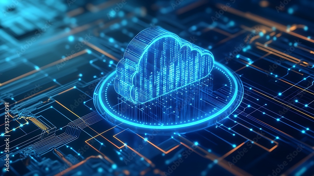 Poster abstract digital representation of cloud computing technology with glowing blue lines and circuits, 