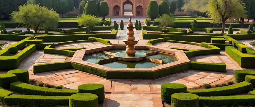 Intricate Mughal Garden Design Highlighting Symmetrical Layouts, Water Features, Pathways, and Ornamental Plantings, Showcasing the Traditional Aesthetic of Persian and Indian Influences in Landscape 