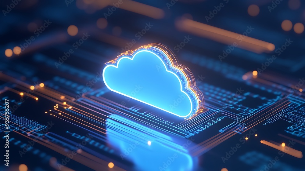 Poster abstract image of a glowing blue cloud icon on a digital circuit background, representing cloud comp