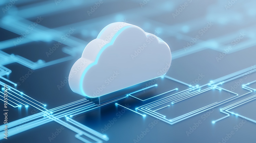 Poster abstract image of a glowing cloud symbol on a digital circuit background representing cloud computin