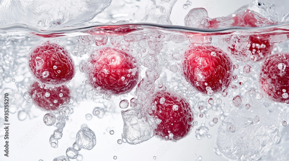 Aufkleber fresh raspberries splash into clear water creating bubbles and ripples in a bright setting