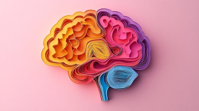 A paper cut illustration of a human brain with intricate layers and connections emphasizing the complexity and importance of brain health and neurology Stock Photo with copy space