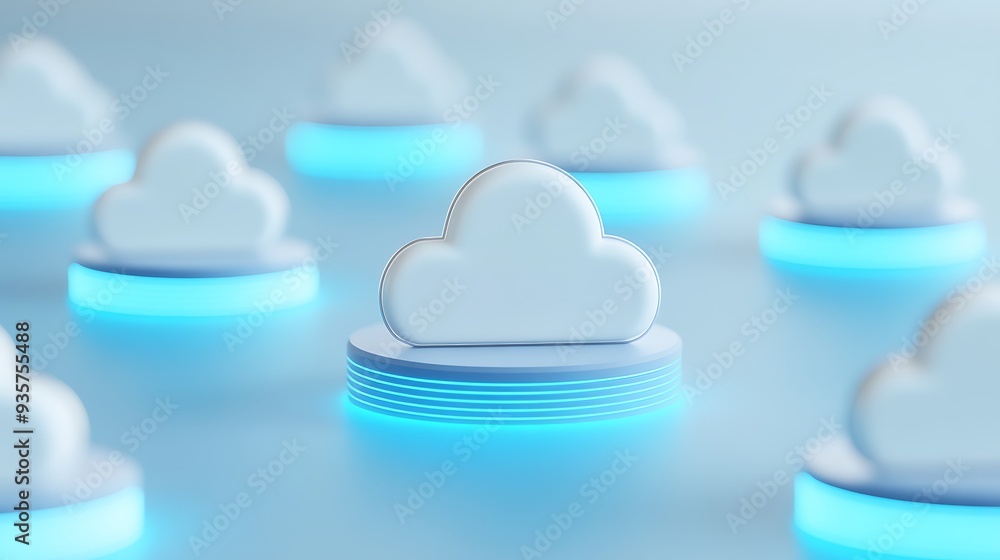 Poster abstract image of cloud computing concept with illuminated cloud icons on a blue background, represe