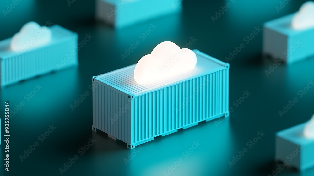 Poster abstract representation of cloud computing and data storage with a glowing cloud icon on a teal ship
