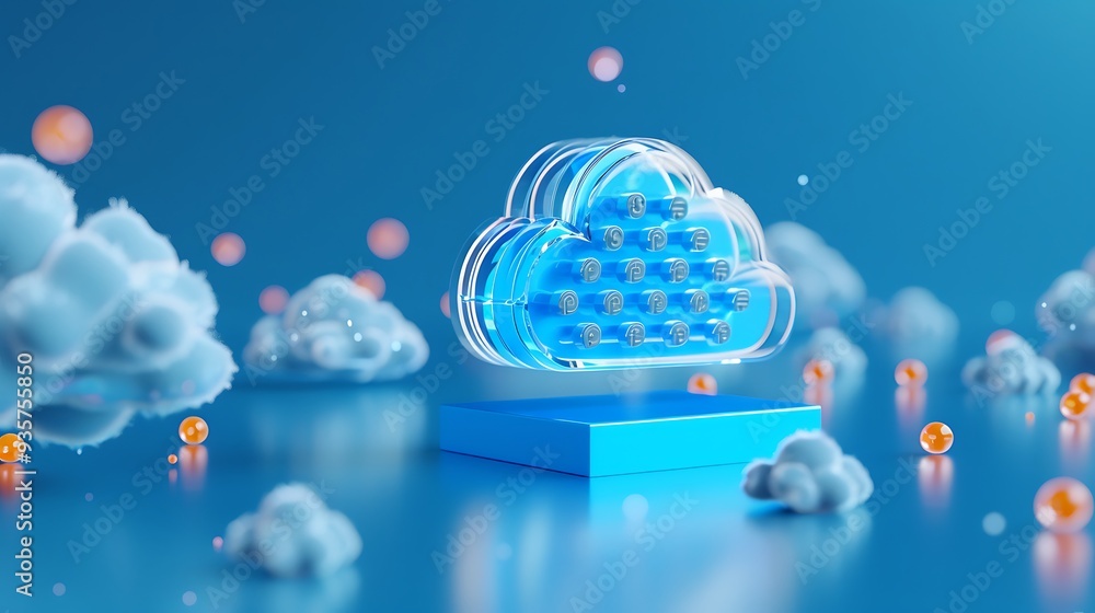 Poster abstract representation of cloud computing and data storage with blue and orange elements, evoking m